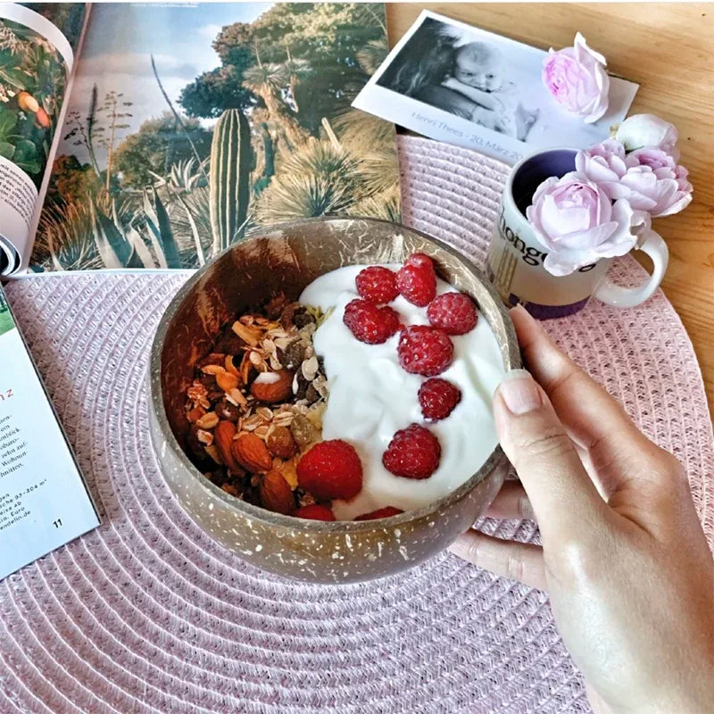 Natural Coconut Bowl Dinner Set for Women, Handmade Wooden Tableware, Wood Spoon, Dessert Fruit Salad, Mixing Rice Ramen Bowl, 1