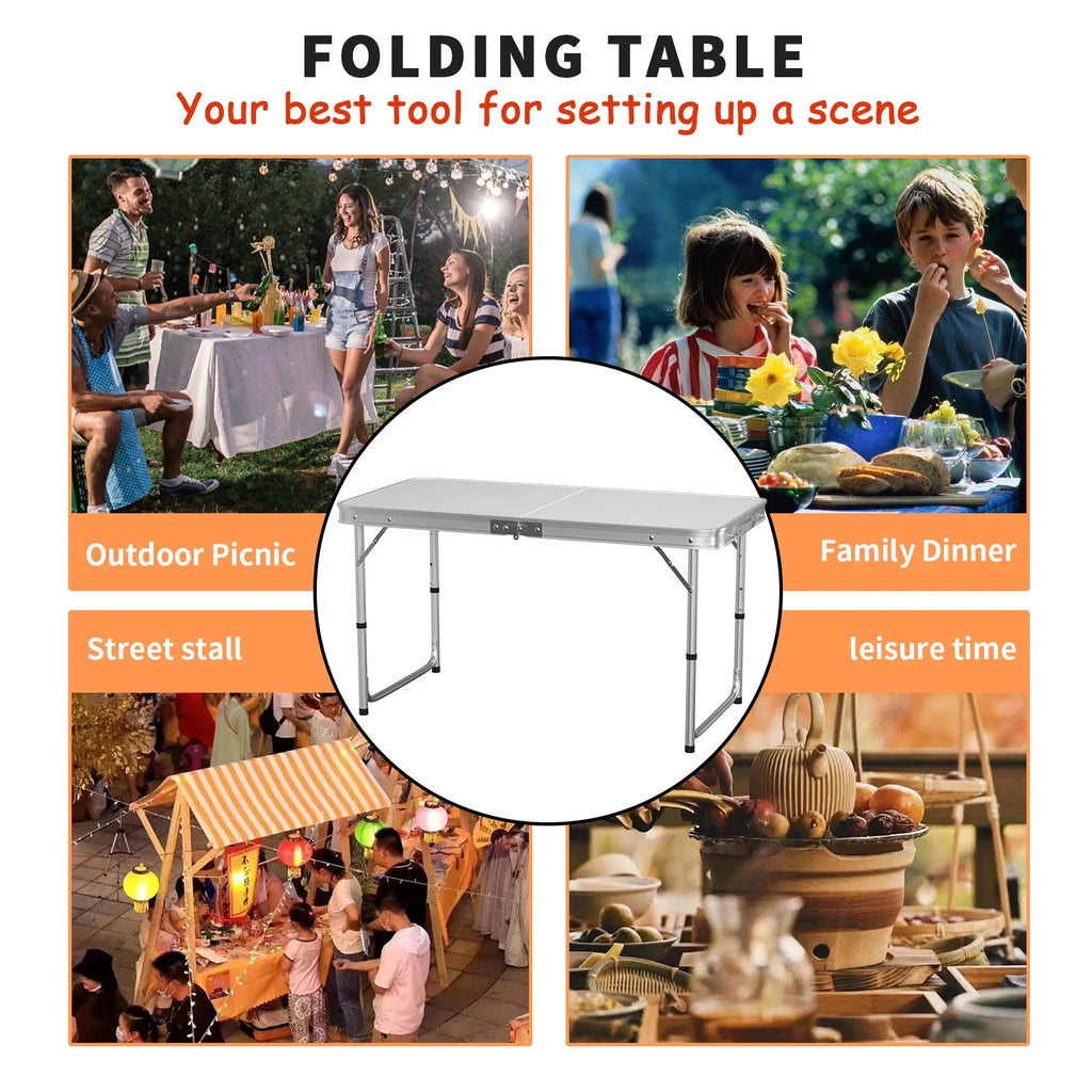 Features:  - Folding table with carry handle  - Moulded plastic top - includes handy carrying handle  - Sturdy aluminum alloy fr