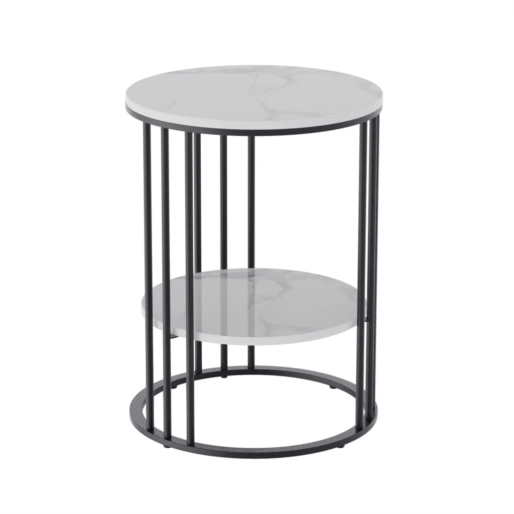 2 Tier Sintered Stone End Table Round White Sofa Side TableSmall Coffee Table with Black Frame - Modern Bedside Nightstand