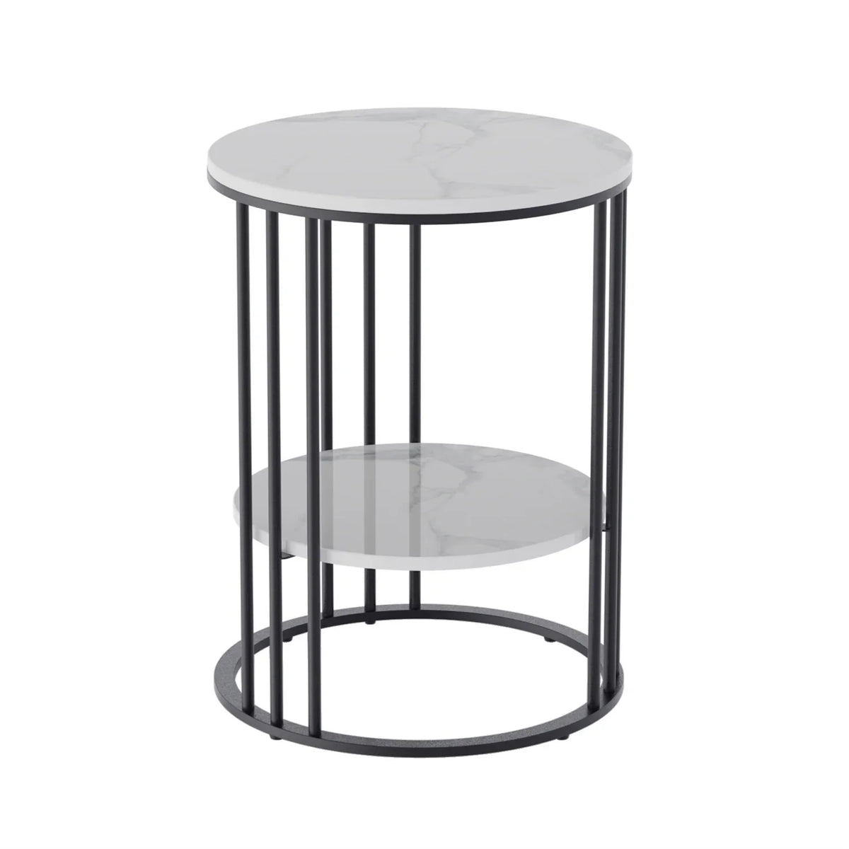 2 Tier Sintered Stone End Table Round White Sofa Side TableSmall Coffee Table with Black Frame - Modern Bedside Nightstand