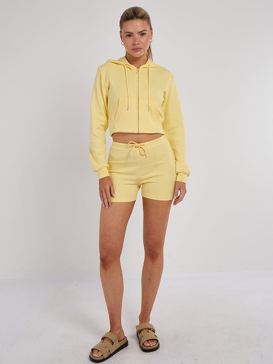 Zipped Hooded Crop Top & Seam Detail Shorts Fleece Co-ord