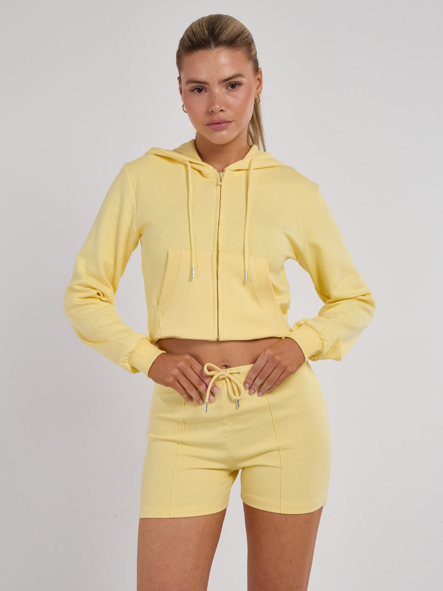 Zipped Hooded Crop Top & Seam Detail Shorts Fleece Co-ord
