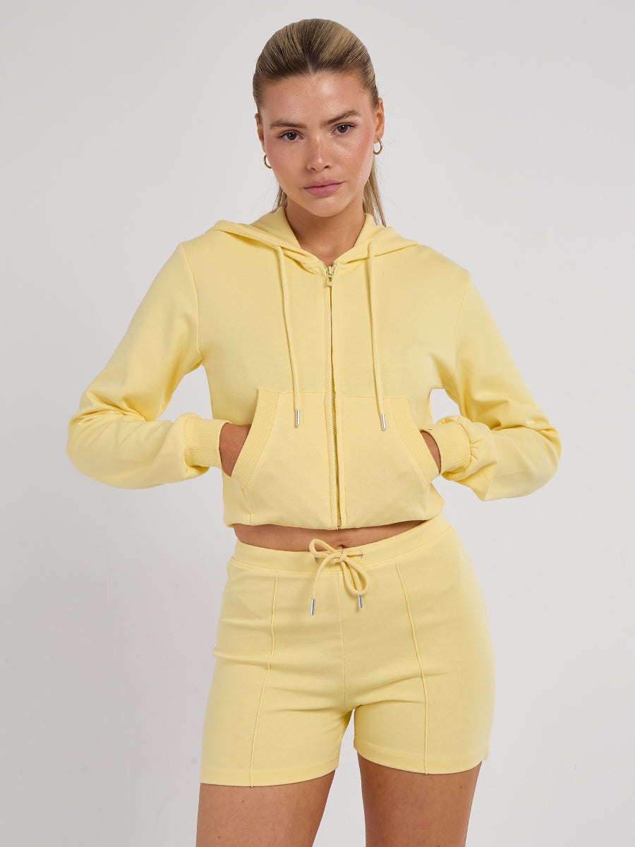 Zipped Hooded Crop Top & Seam Detail Shorts Fleece Co-ord