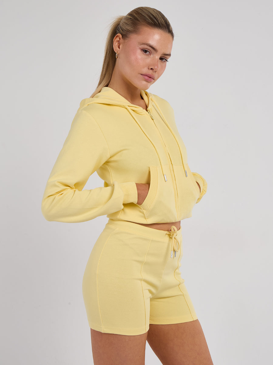 Zipped Hooded Crop Top & Seam Detail Shorts Fleece Co-ord