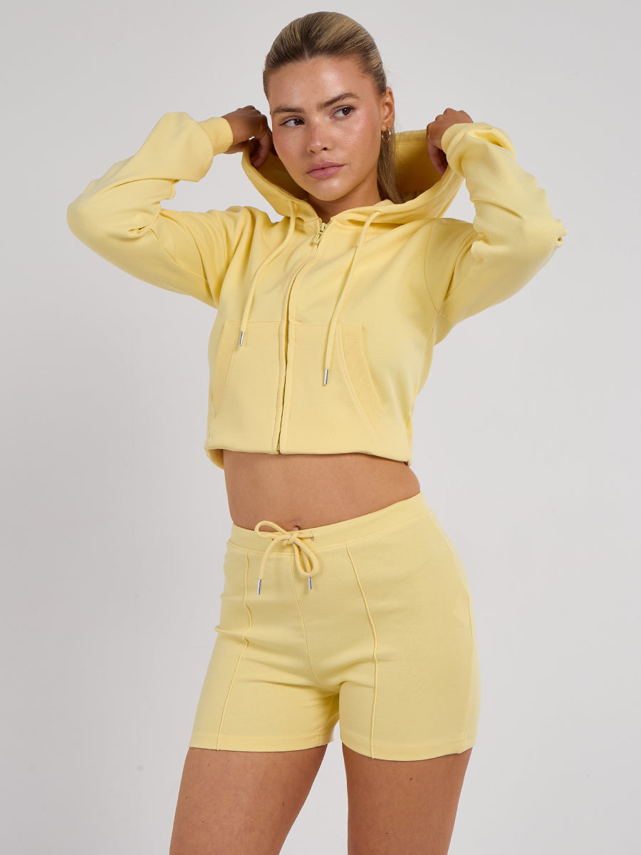 Zipped Hooded Crop Top & Seam Detail Shorts Fleece Co-ord