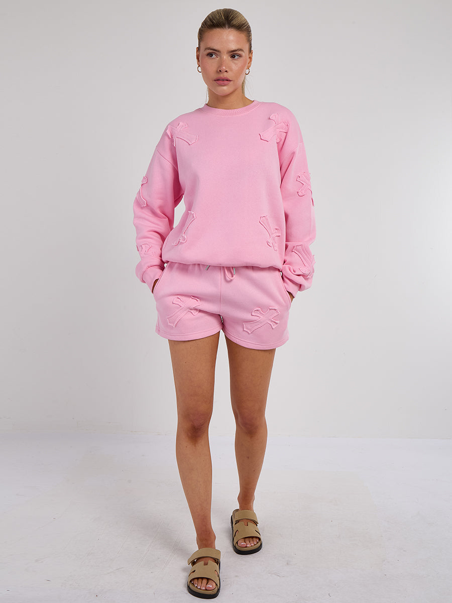 Crucifix Embroidered Sweatshirt & Shorts Fleece Co-ord