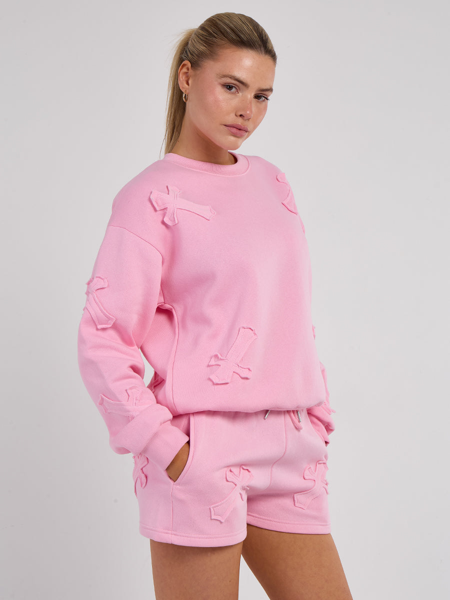 Crucifix Embroidered Sweatshirt & Shorts Fleece Co-ord