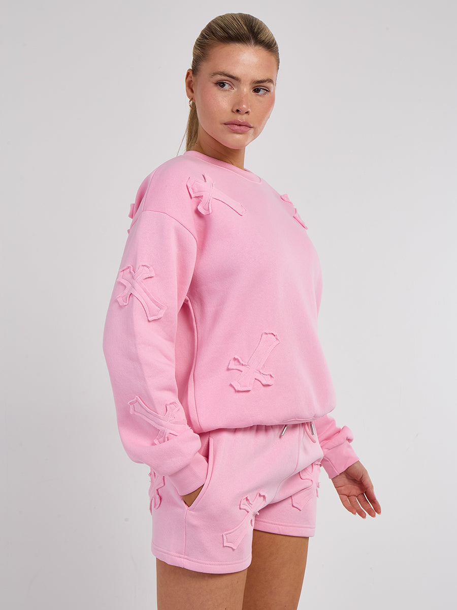 Crucifix Embroidered Sweatshirt & Shorts Fleece Co-ord