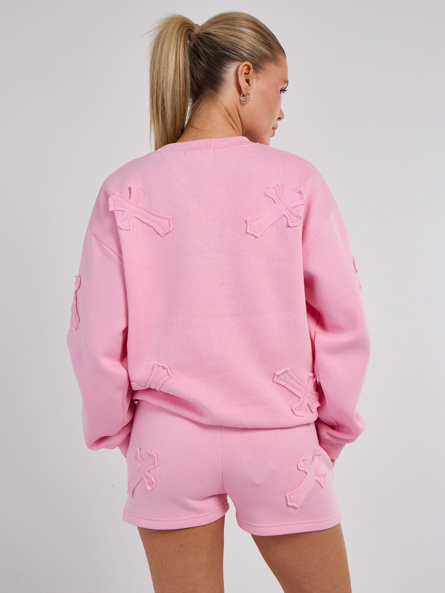 Crucifix Embroidered Sweatshirt & Shorts Fleece Co-ord