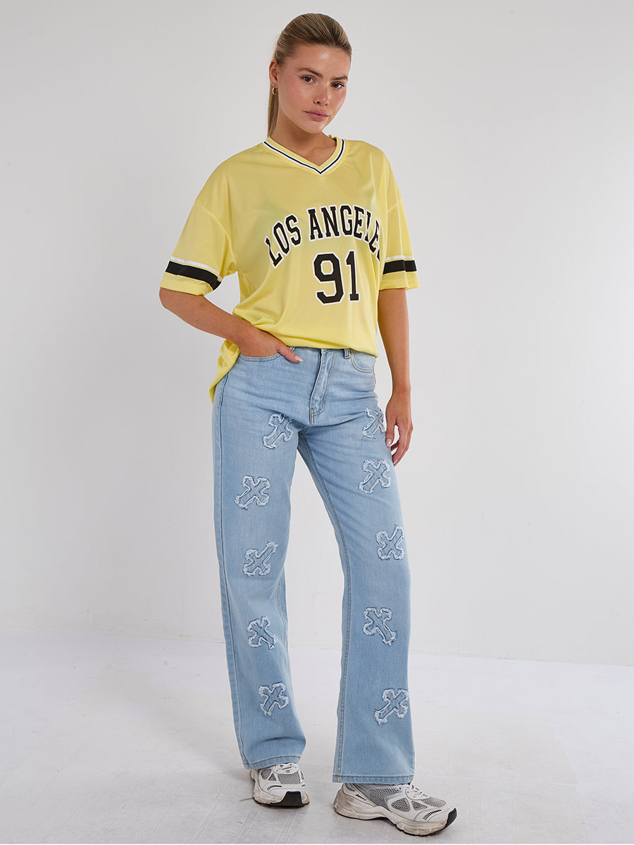 Crucifix Embroidered Straight Leg Denim Jeans