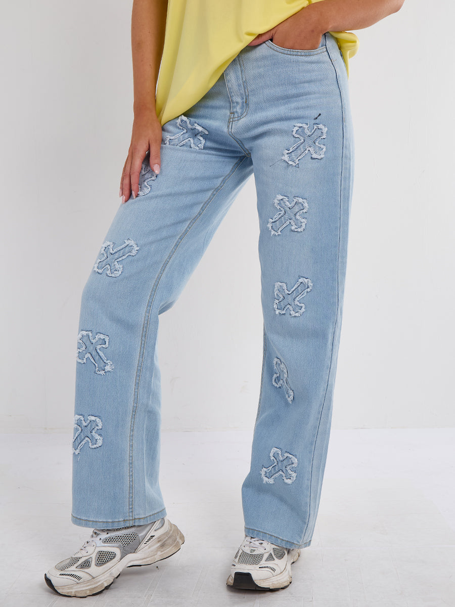 Crucifix Embroidered Straight Leg Denim Jeans