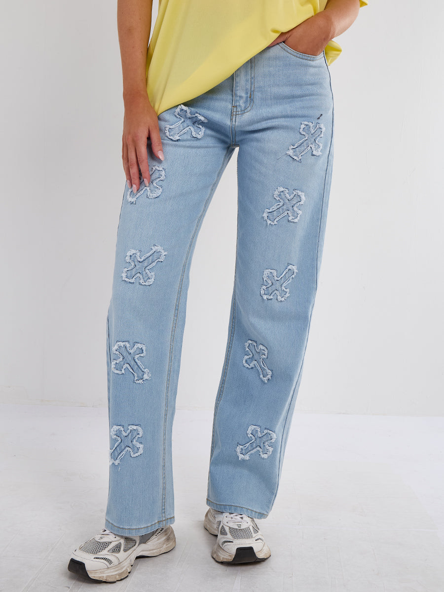 Crucifix Embroidered Straight Leg Denim Jeans