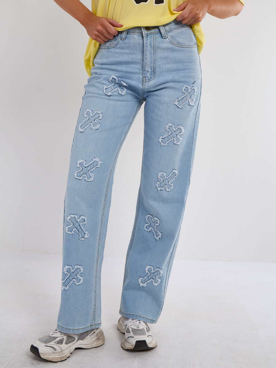 Crucifix Embroidered Straight Leg Denim Jeans
