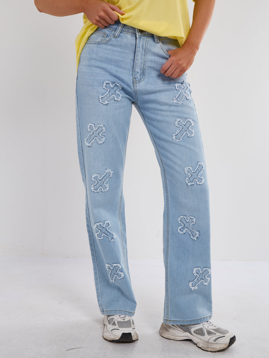 Crucifix Embroidered Straight Leg Denim Jeans