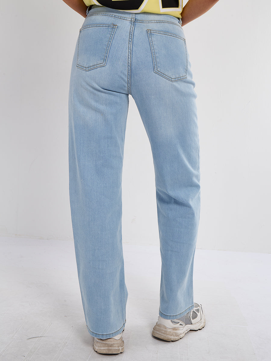 Crucifix Embroidered Straight Leg Denim Jeans
