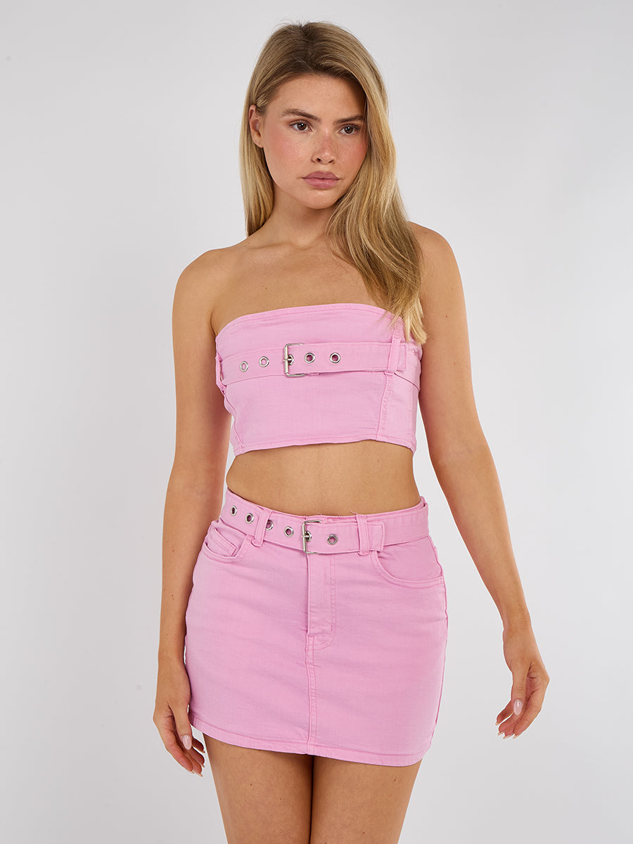 Belted Denim Bandeau Crop Top & Skirt Co-ord