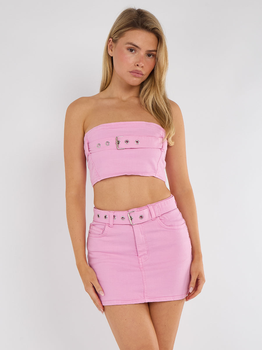 Belted Denim Bandeau Crop Top & Skirt Co-ord