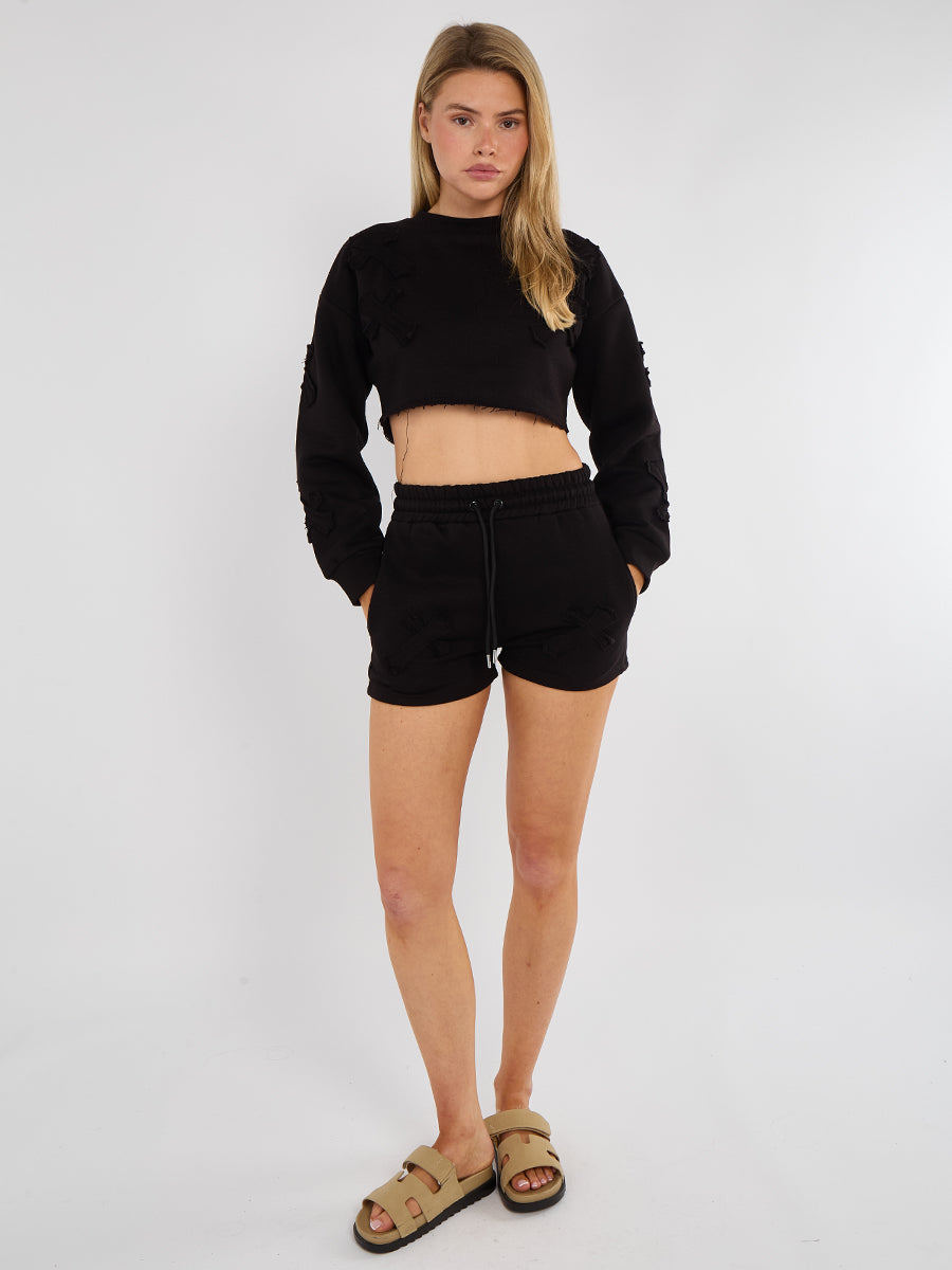 Cross Patch Cropped Sweatshirt & Shorts Fleece Co-ord