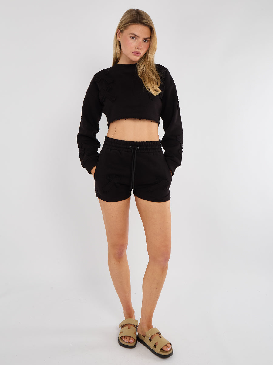 Cross Patch Cropped Sweatshirt & Shorts Fleece Co-ord