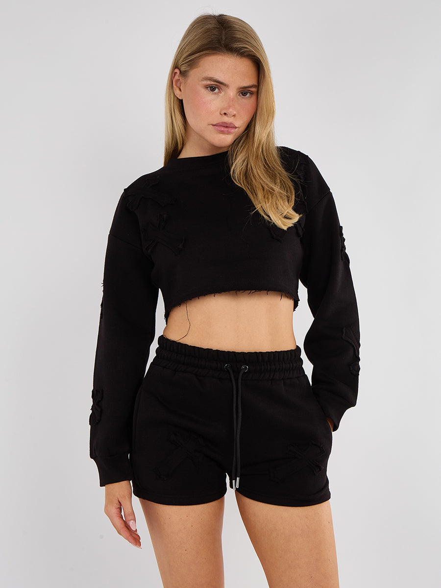 Cross Patch Cropped Sweatshirt & Shorts Fleece Co-ord