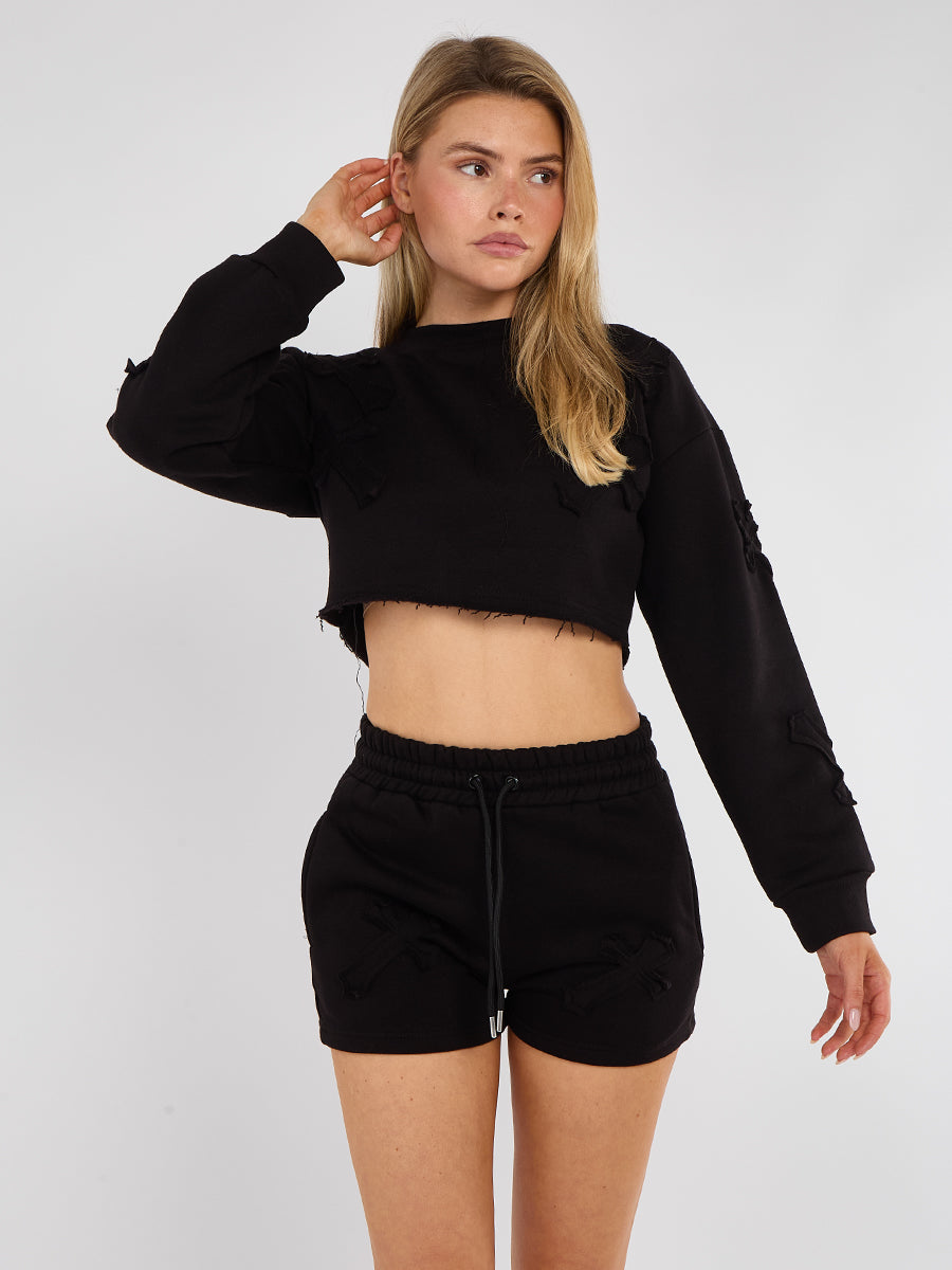 Cross Patch Cropped Sweatshirt & Shorts Fleece Co-ord