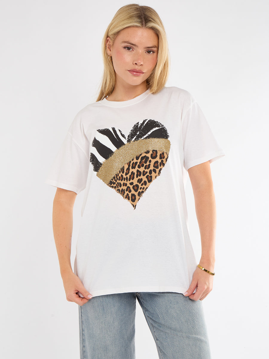Half Leopard Heart Graphic Printed T-Shirt