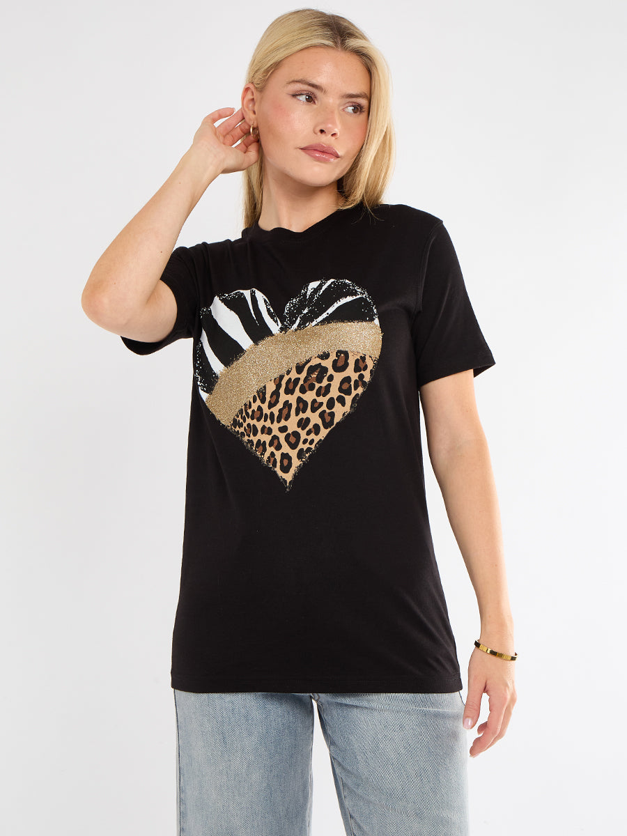 Half Leopard Heart Graphic Printed T-Shirt