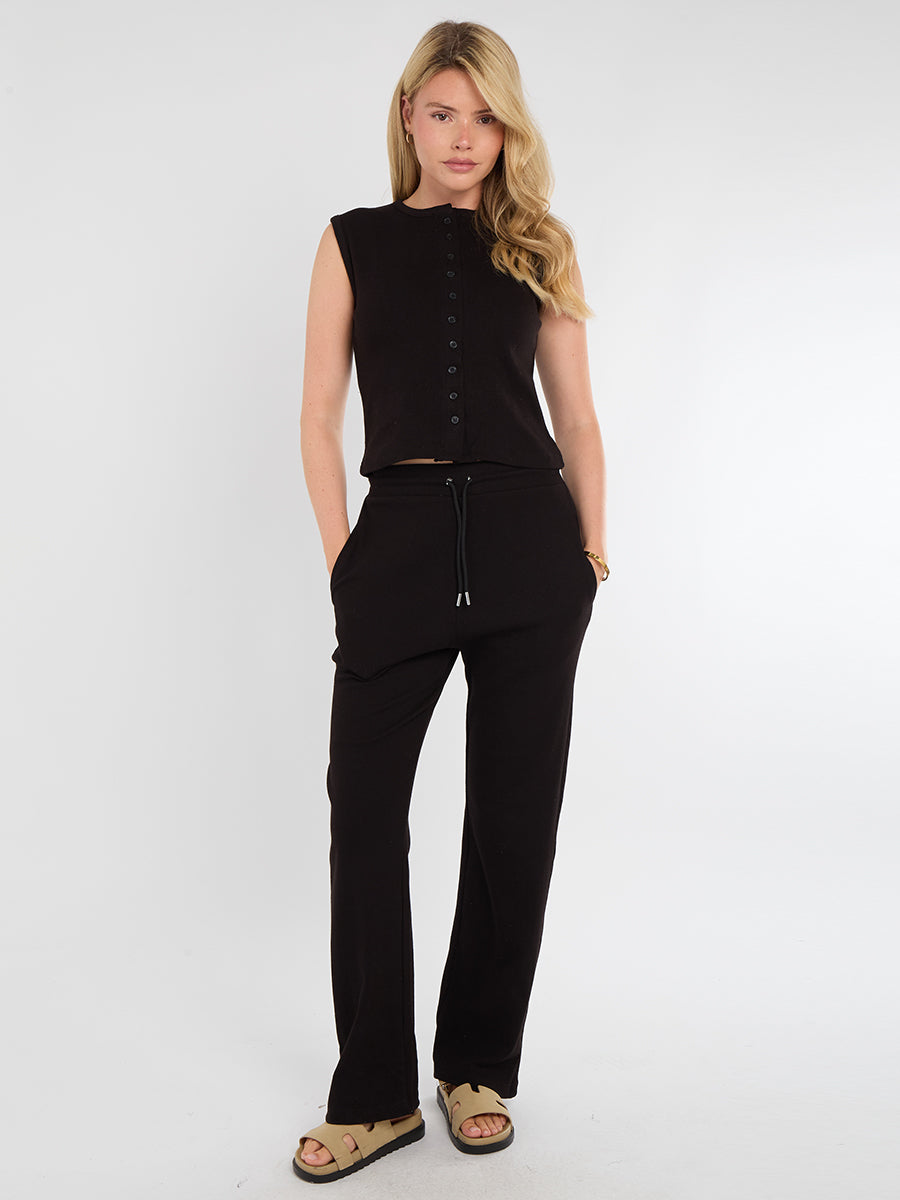 Ribbed Front Button Detail Sleevles Top & Wide Leg Trouser Co-ord