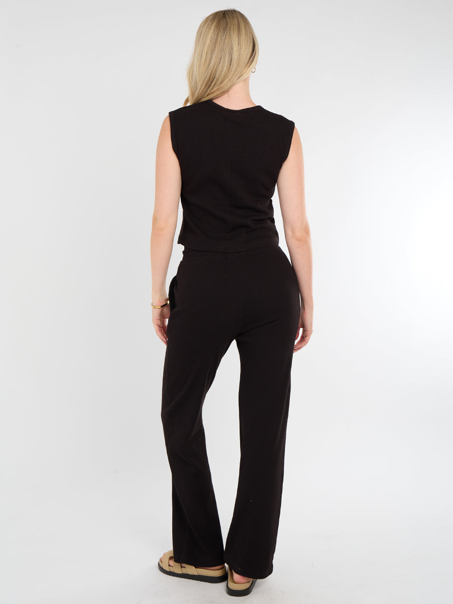 Ribbed Front Button Detail Sleevles Top & Wide Leg Trouser Co-ord