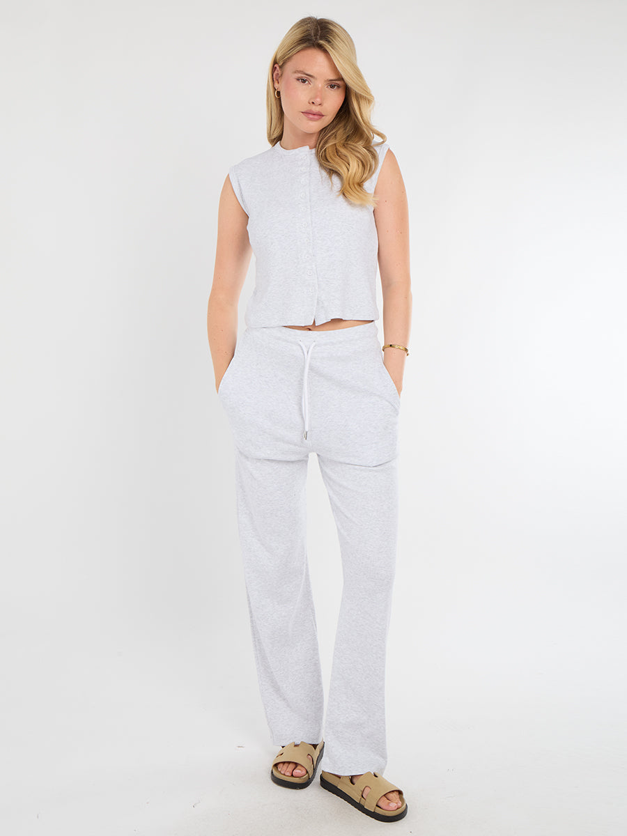 Ribbed Front Button Detail Sleevles Top & Wide Leg Trouser Co-ord