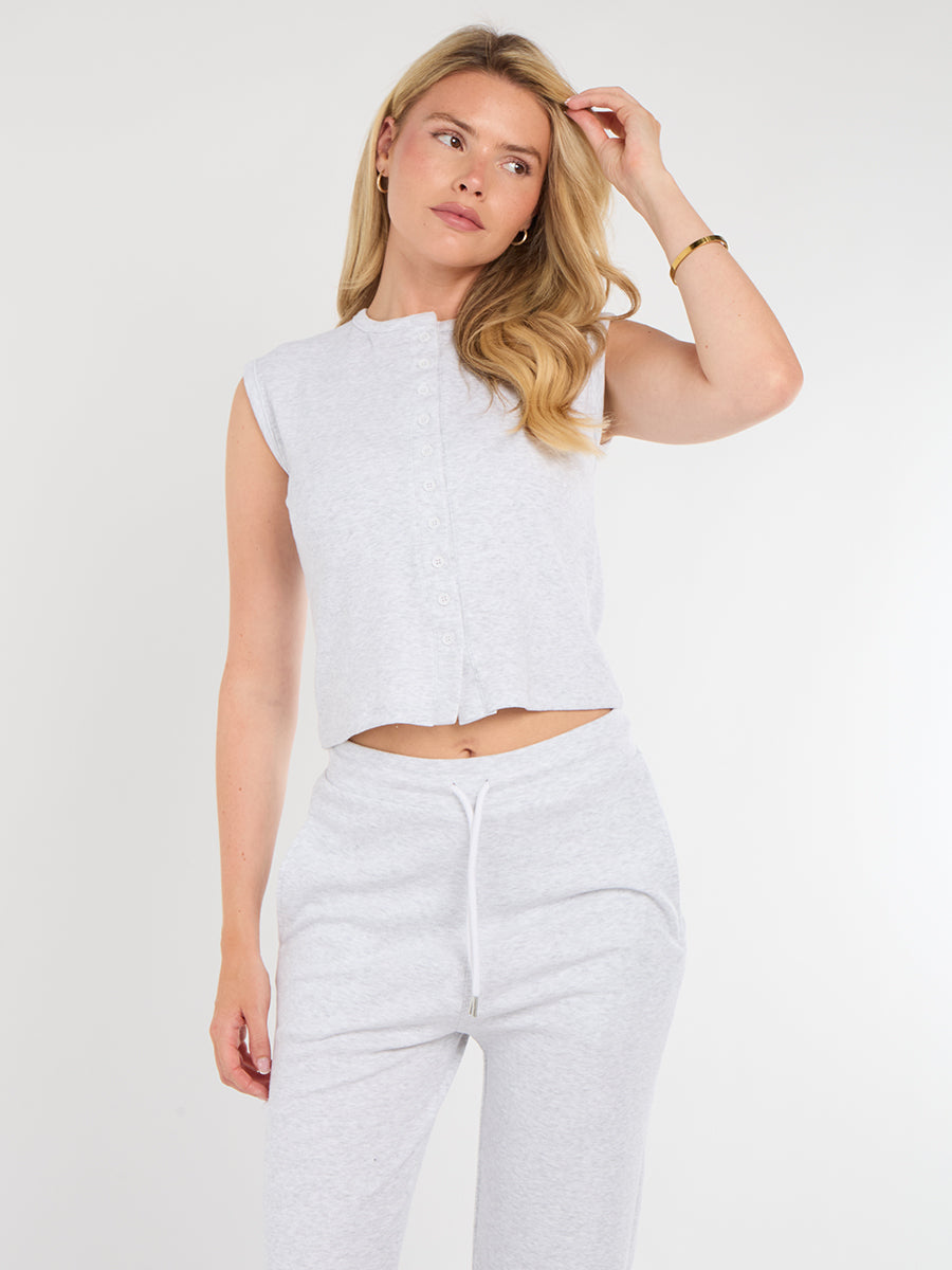 Ribbed Front Button Detail Sleevles Top & Wide Leg Trouser Co-ord