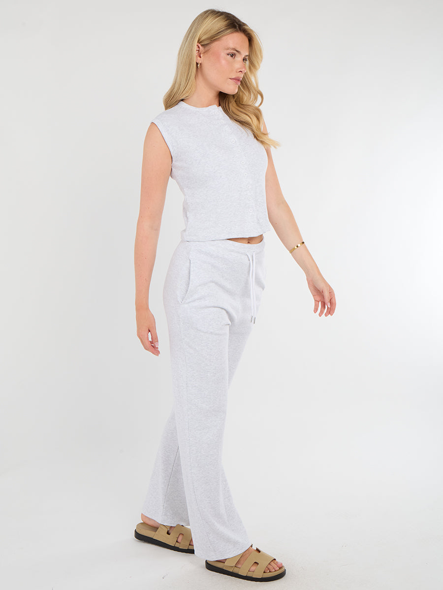 Ribbed Front Button Detail Sleevles Top & Wide Leg Trouser Co-ord