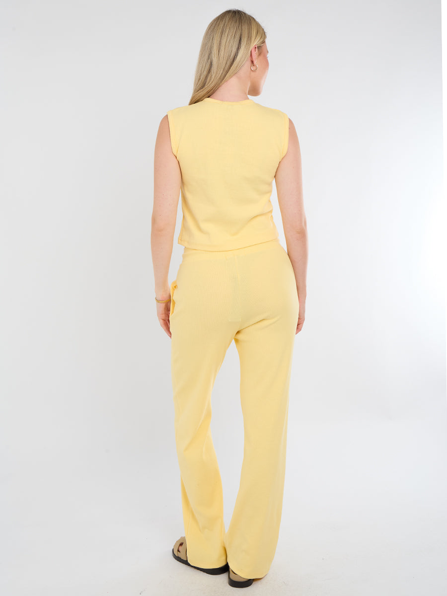 Ribbed Front Button Detail Sleevles Top & Wide Leg Trouser Co-ord
