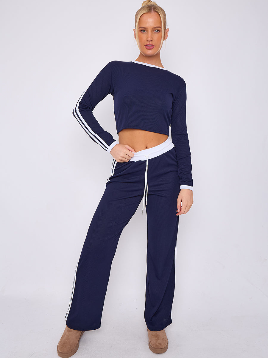 Ribbed Crop Top & Trouser Co-ord With Stripe Detail