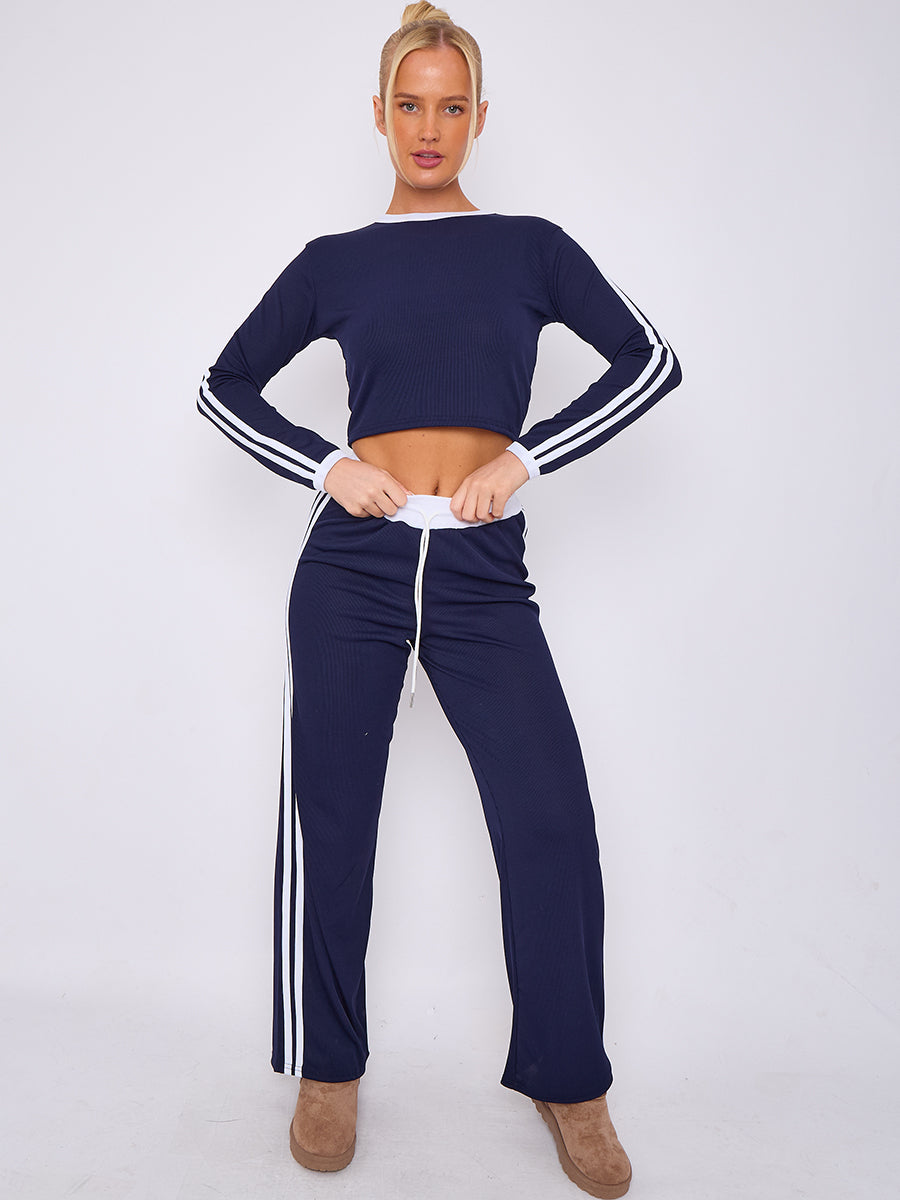Ribbed Crop Top & Trouser Co-ord With Stripe Detail