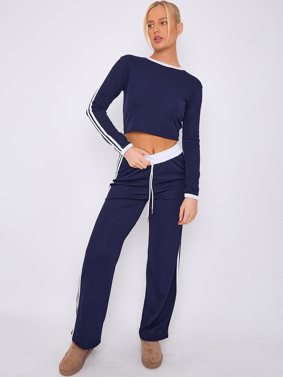 Ribbed Crop Top & Trouser Co-ord With Stripe Detail