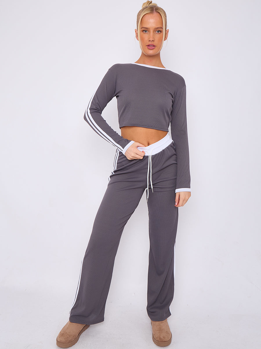 Ribbed Crop Top & Trouser Co-ord With Stripe Detail