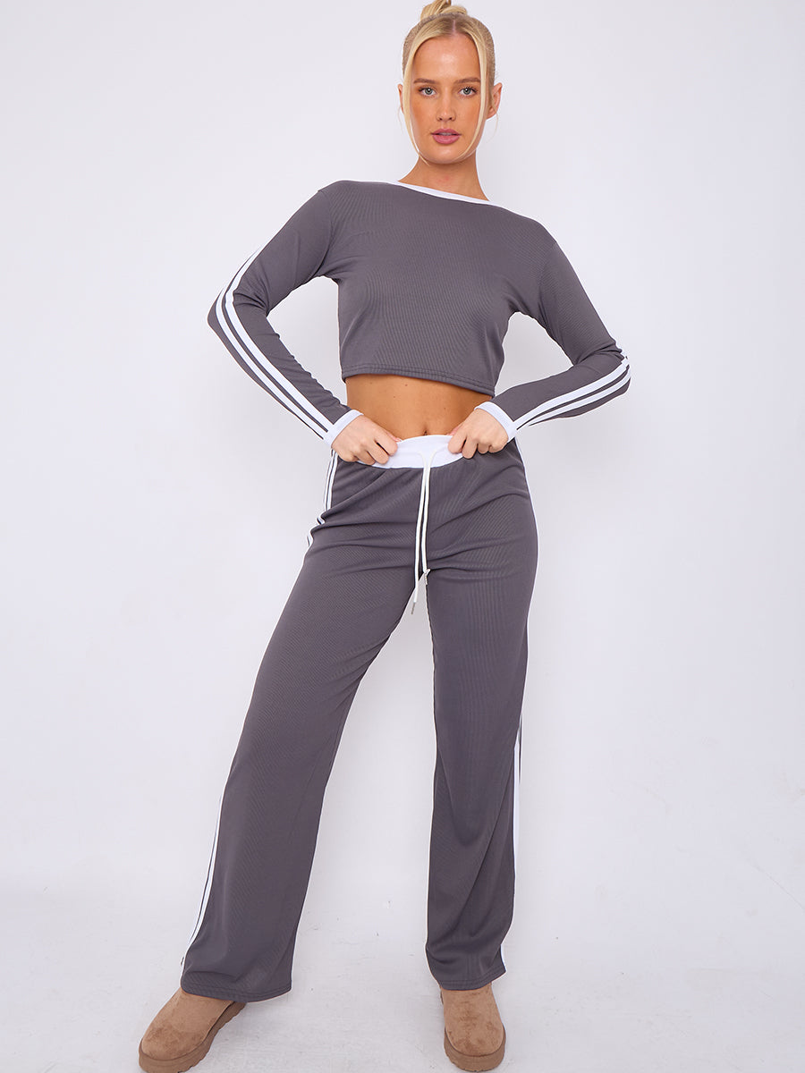 Ribbed Crop Top & Trouser Co-ord With Stripe Detail