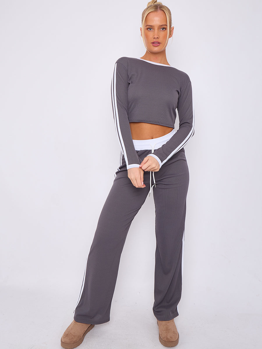 Ribbed Crop Top & Trouser Co-ord With Stripe Detail