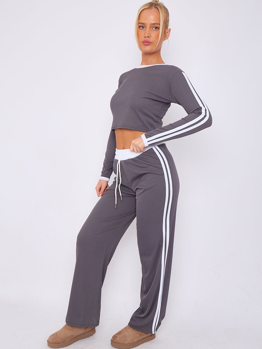Ribbed Crop Top & Trouser Co-ord With Stripe Detail