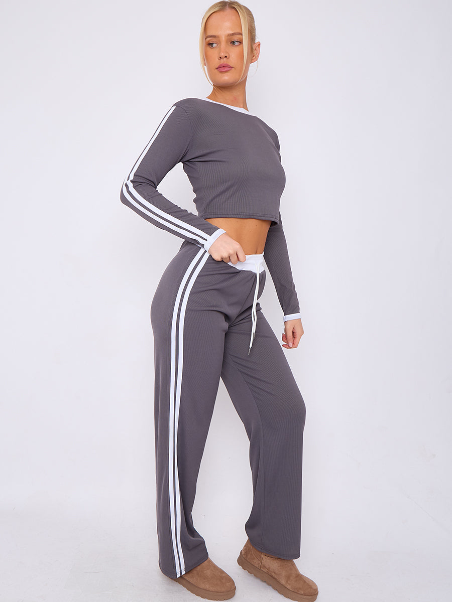 Ribbed Crop Top & Trouser Co-ord With Stripe Detail