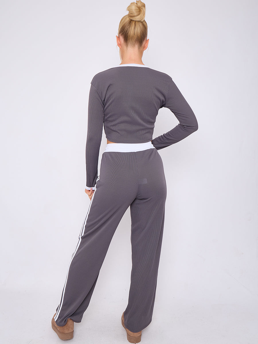Ribbed Crop Top & Trouser Co-ord With Stripe Detail
