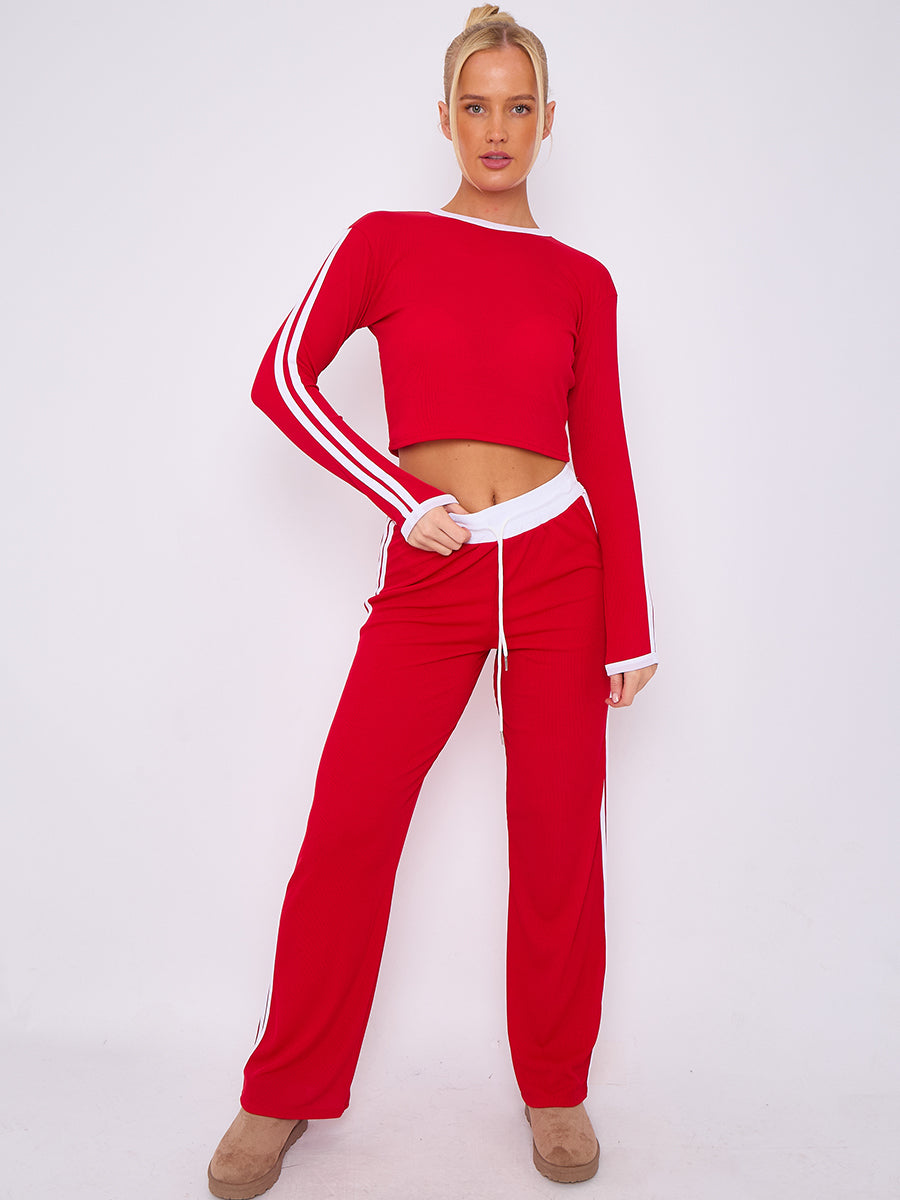 Ribbed Crop Top & Trouser Co-ord With Stripe Detail