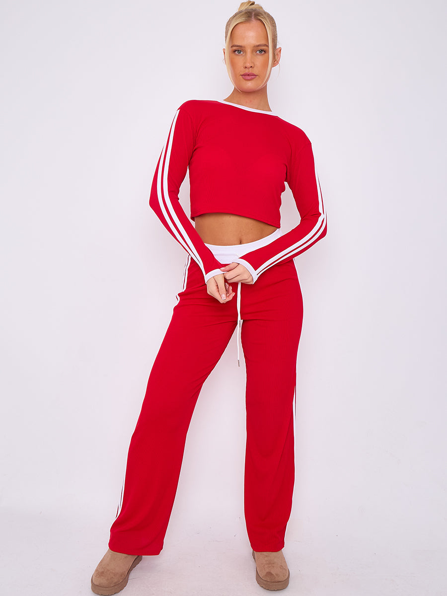 Ribbed Crop Top & Trouser Co-ord With Stripe Detail