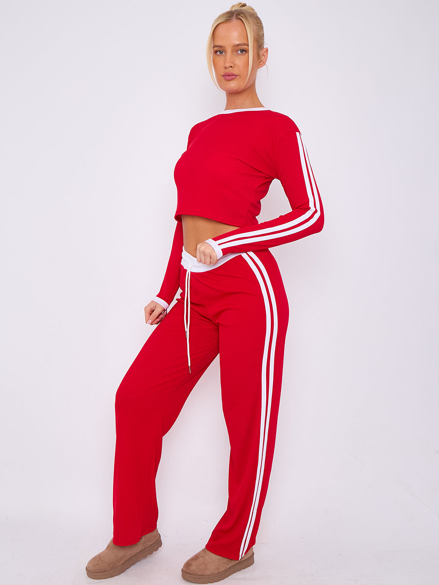 Ribbed Crop Top & Trouser Co-ord With Stripe Detail