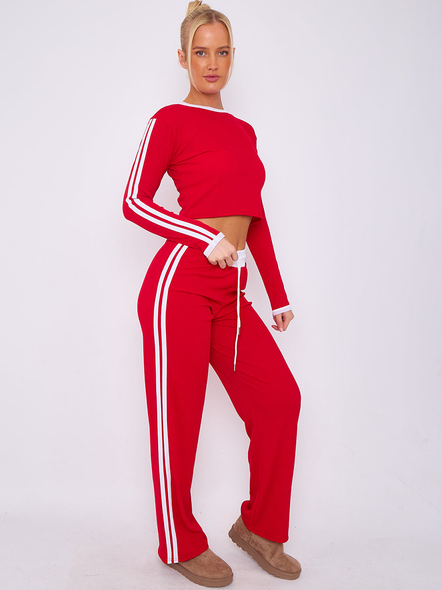 Ribbed Crop Top & Trouser Co-ord With Stripe Detail