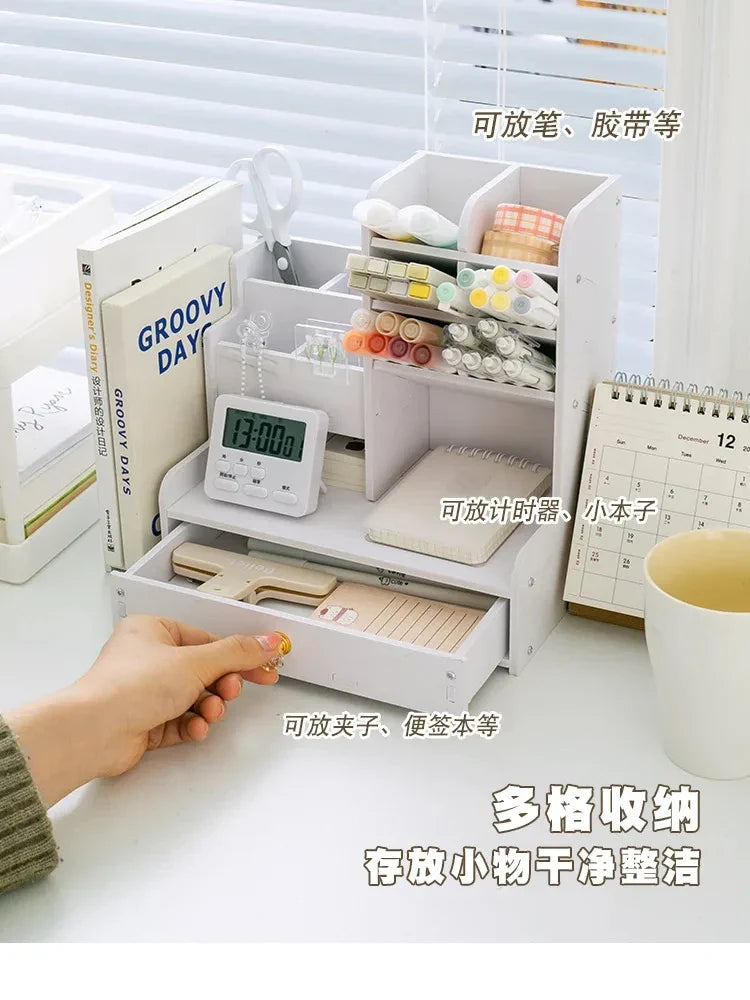 Mark Pen Pencil Holder Wooden Desk Organizers Shelves Accessories Desktop Stationery Organizer Bookshelf Home Office Storage Box