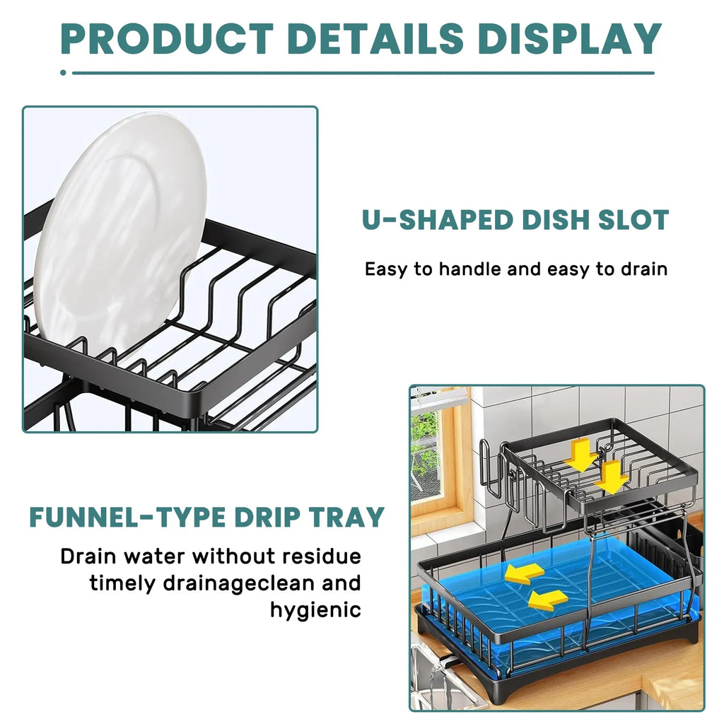 Large 2-tier dish drying rack for kitchen countertops, removable large-capacity dish draining rack