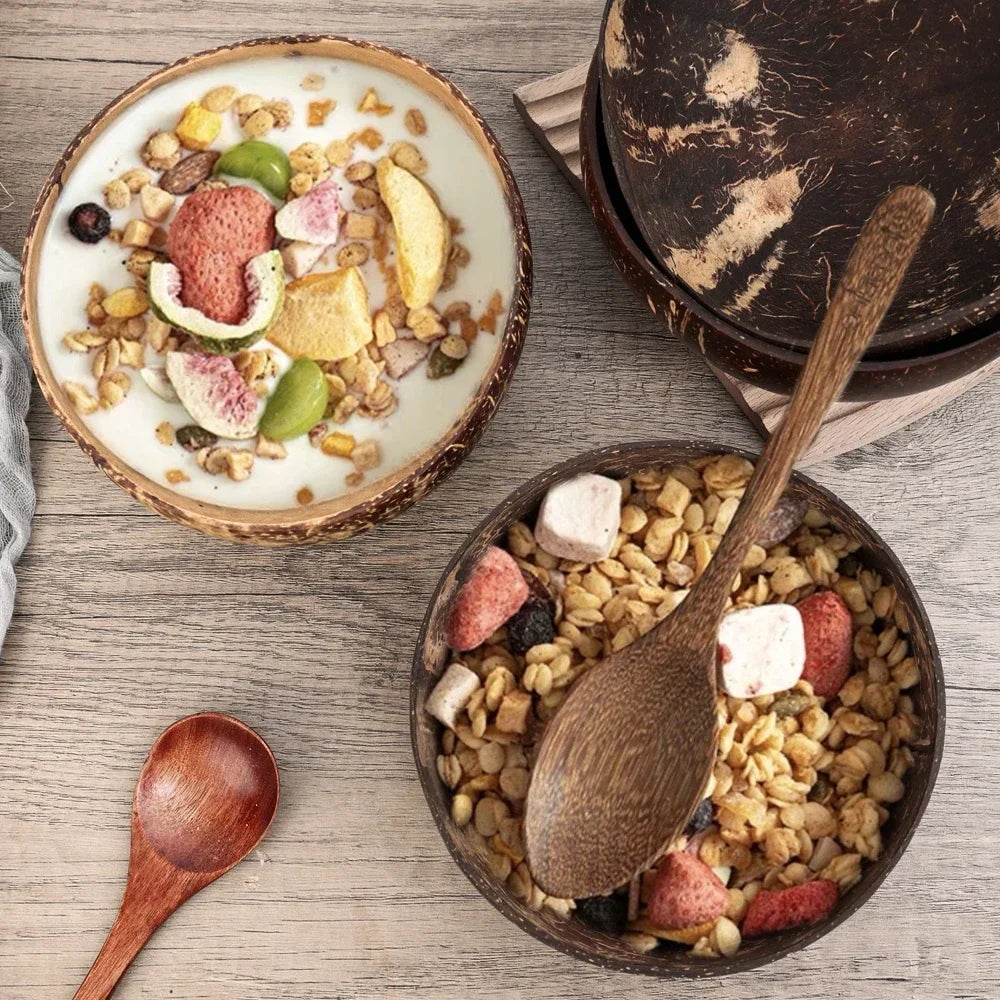 Natural Coconut Bowls And Wooden Spoon Sets Reusable Coconut Shell Bowls For Dessert Yogurt Fruit Salad Kitchen Tableware