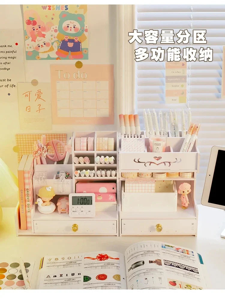 Mark Pen Pencil Holder Wooden Desk Organizers Shelves Accessories Desktop Stationery Organizer Bookshelf Home Office Storage Box